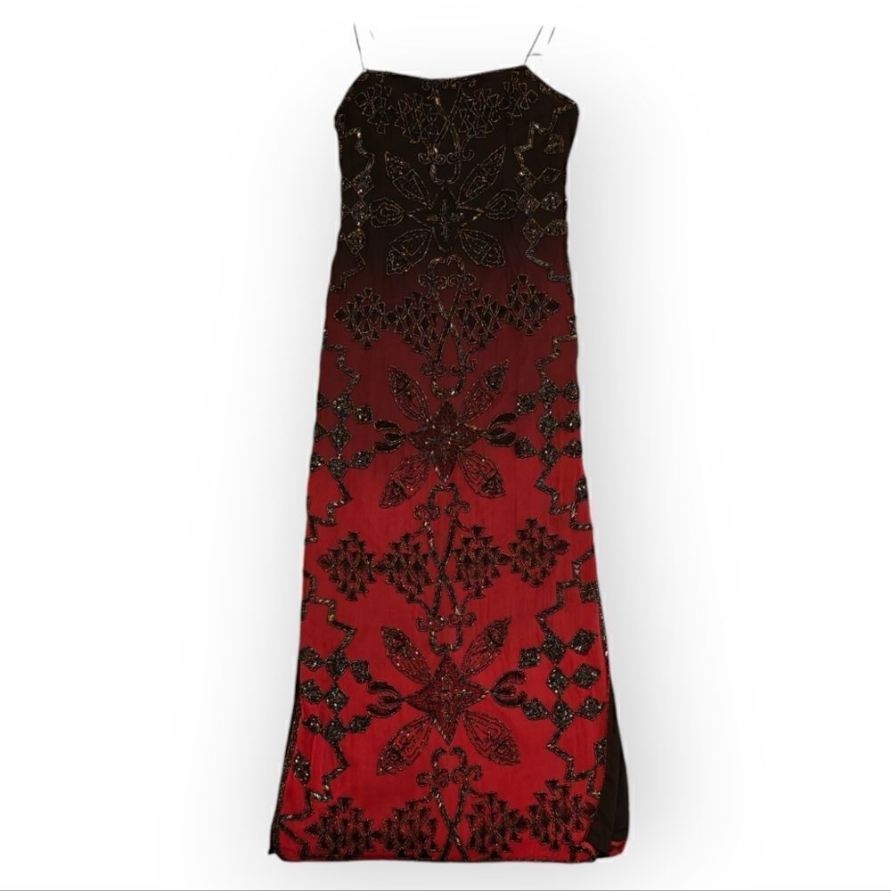 VTG LAURENCE KAZAR OMBRE BLACK RED BEADED SILK MAXI DRESS SIZE M